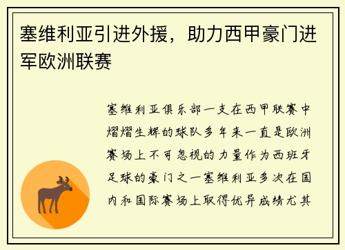 塞维利亚引进外援，助力西甲豪门进军欧洲联赛
