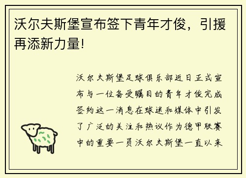 沃尔夫斯堡宣布签下青年才俊，引援再添新力量!